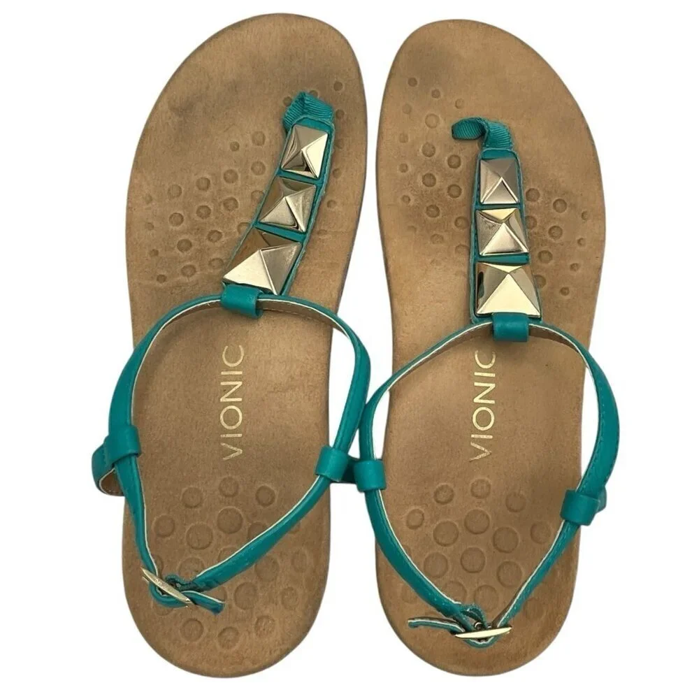 Vionic Sandals Nala Flat T-Strap 10.5 ? Studded Turquoise Thong Beach Comfort